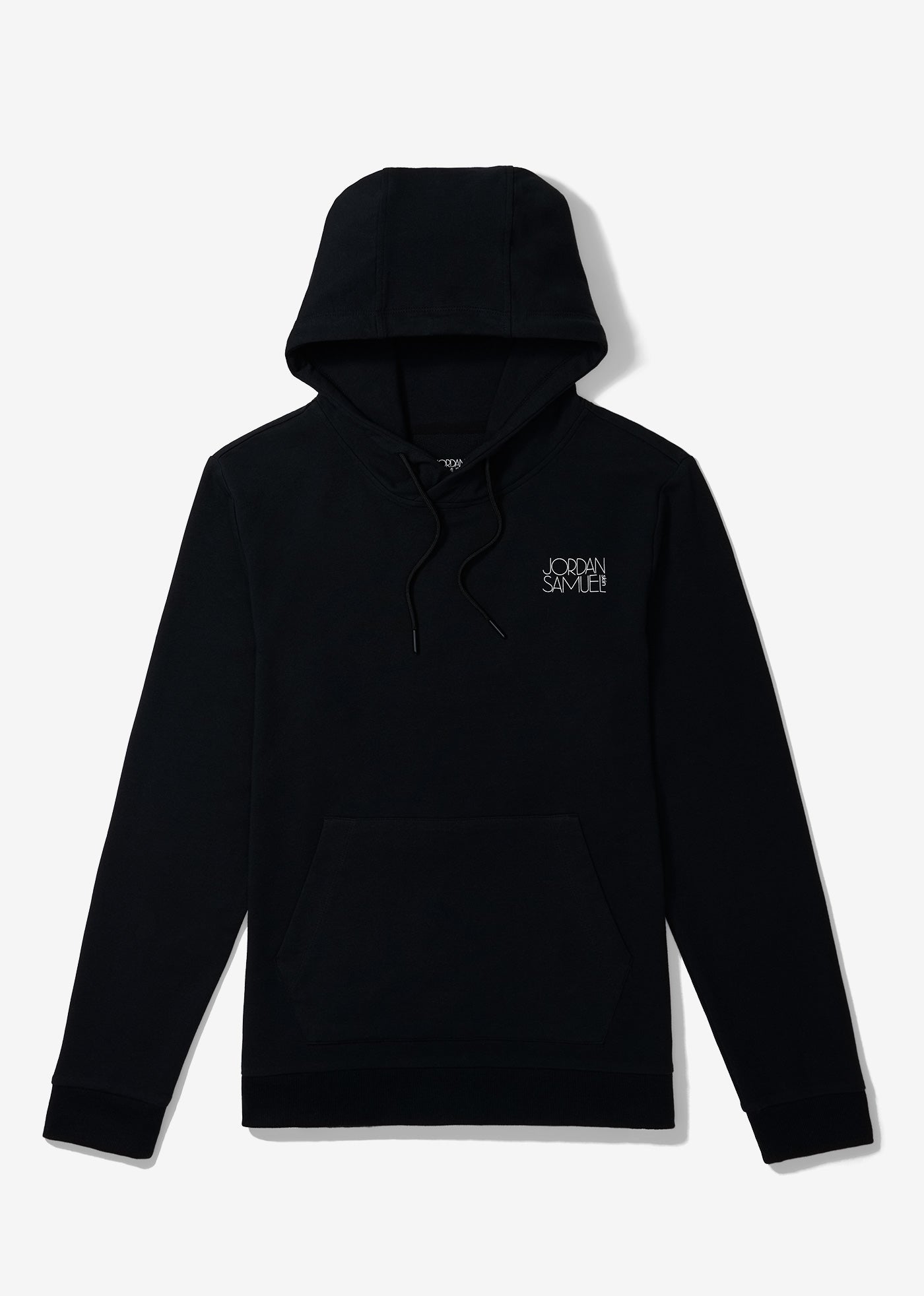Black hoodie with white Jordan Samuel Skin logo on upper left chest.